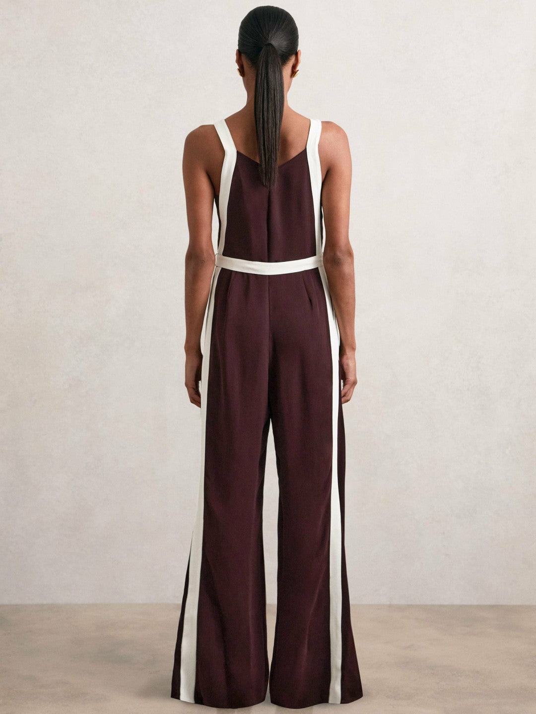 Women Colourblock Wide Leg Belted Jumpsuit in Burgundy/Cream