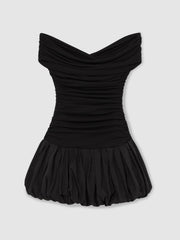 Women Off-Shoulder Puffball Mini Dress in Black
