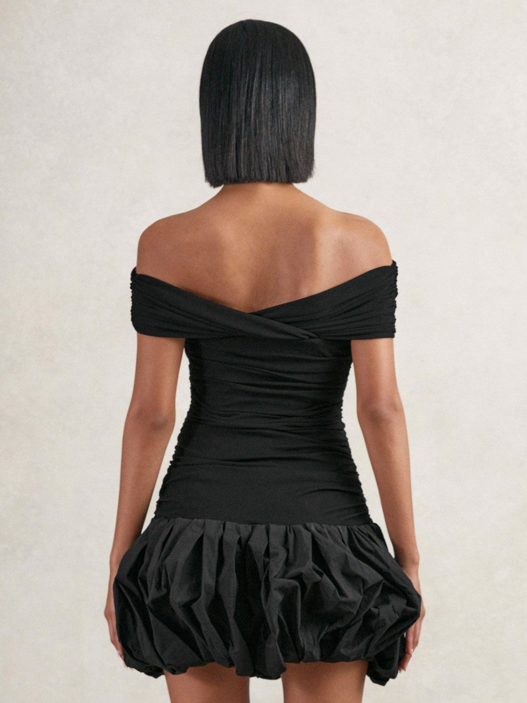 Women Off-Shoulder Puffball Mini Dress in Black