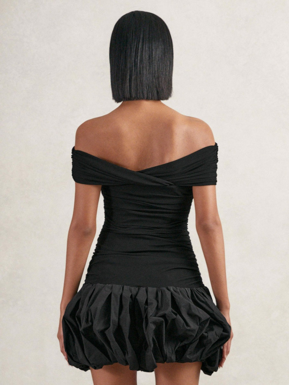 Women Off-Shoulder Puffball Mini Dress in Black