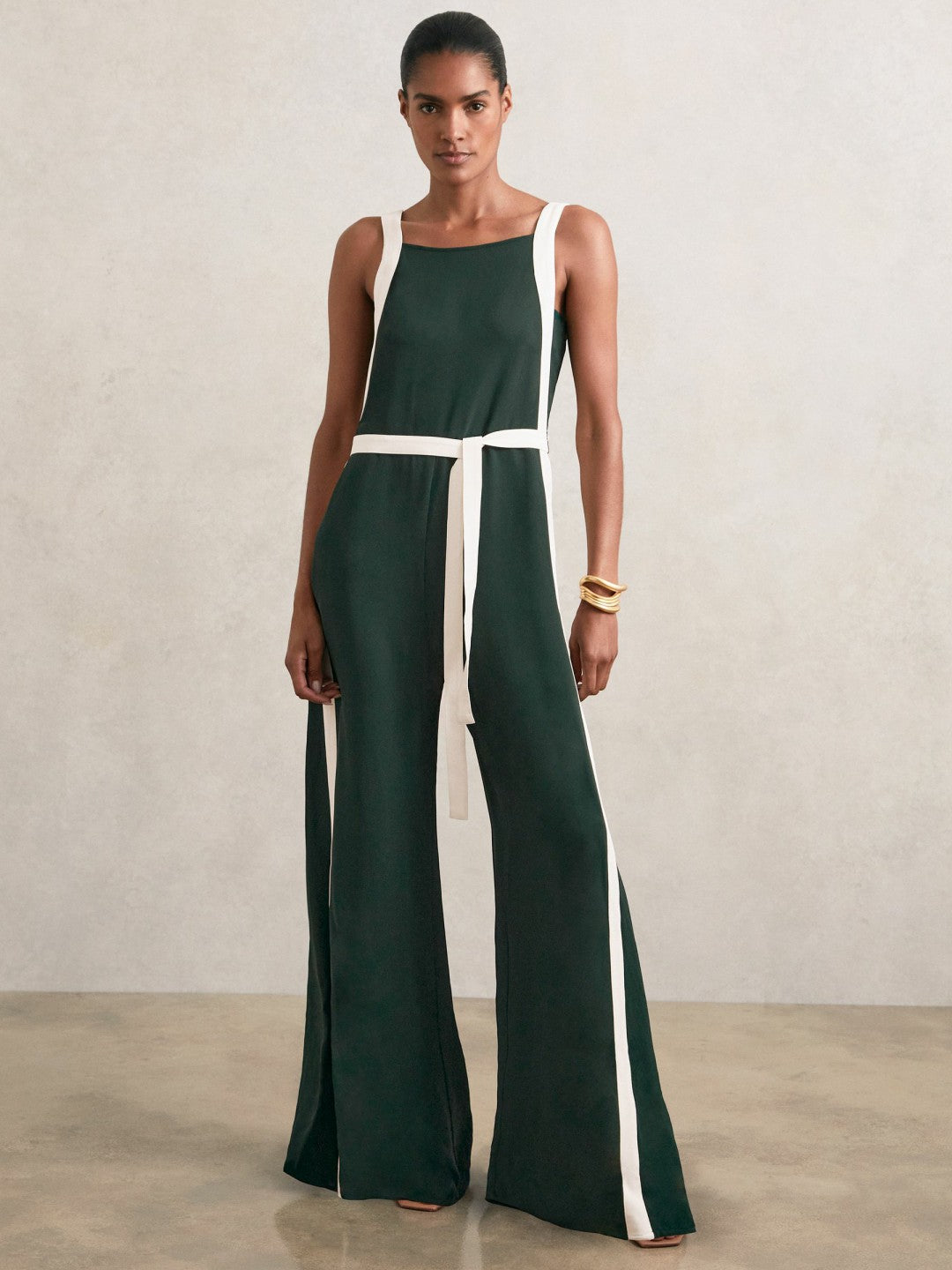 Women Colourblock Wide Leg Belted Jumpsuit in Dark Green/Cream