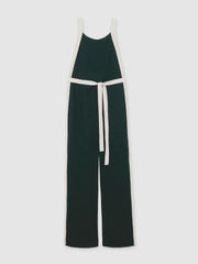 Women Colourblock Wide Leg Belted Jumpsuit in Dark Green/Cream