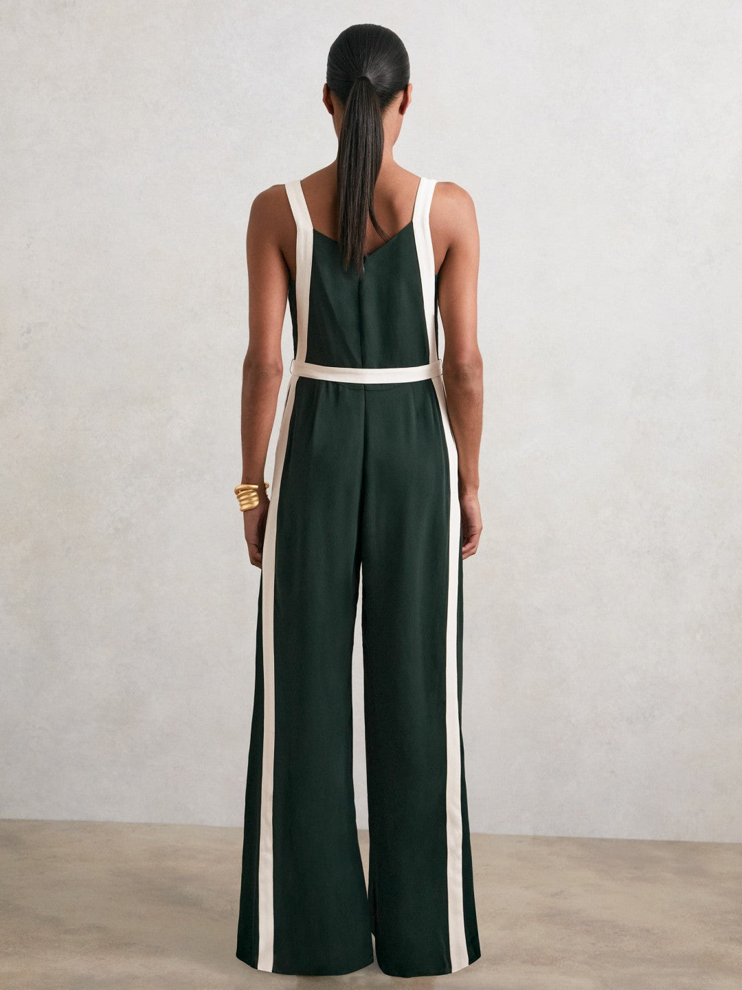 Women Colourblock Wide Leg Belted Jumpsuit in Dark Green/Cream