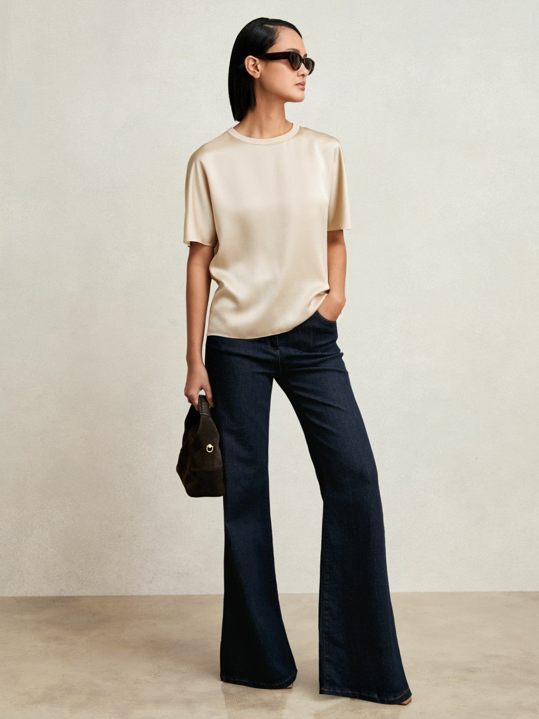 Women Silk Short-Sleeve Top in Champagne Neutral