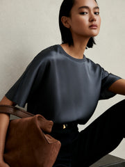 Women Silk Short-Sleeve Top in Blue