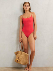 Women Hardware-Strap Cut-Out Swimsuit in Coral Red