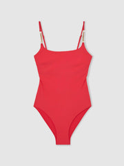 Women Hardware-Strap Cut-Out Swimsuit in Coral Red