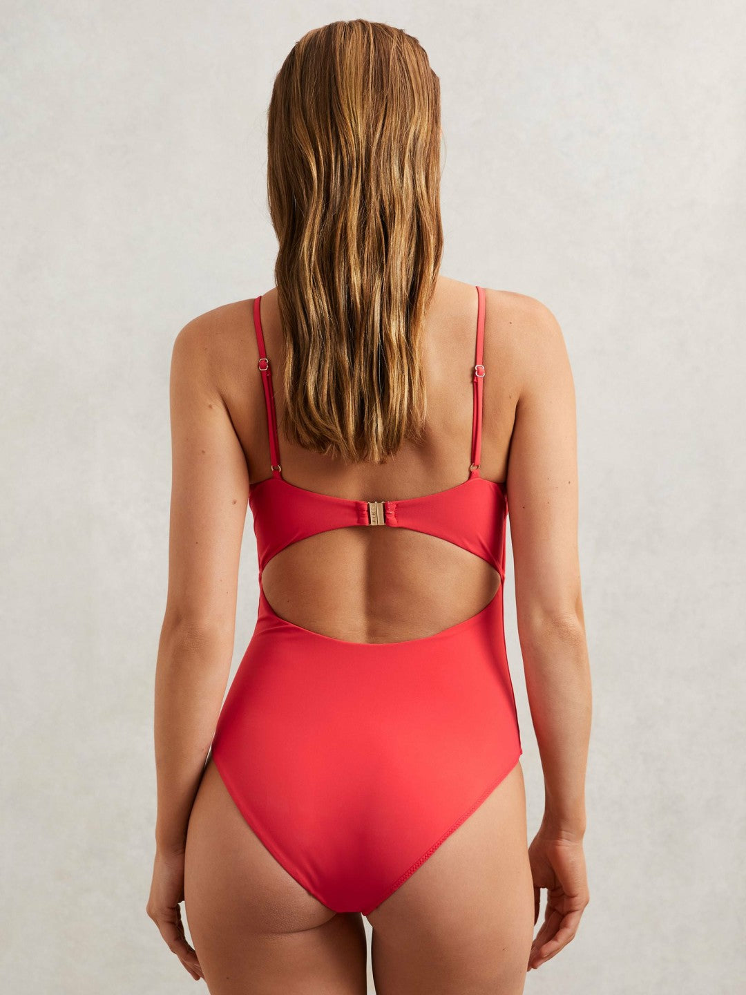 Women Hardware-Strap Cut-Out Swimsuit in Coral Red