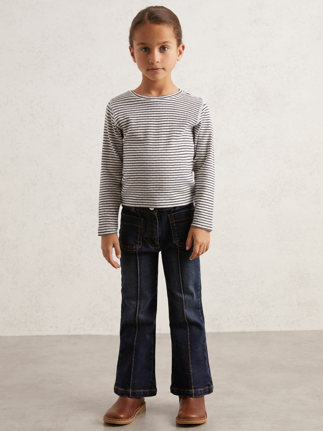 Children & Baby 13-14 yrs Cotton Pointelle Long Sleeve Top in Navy/White