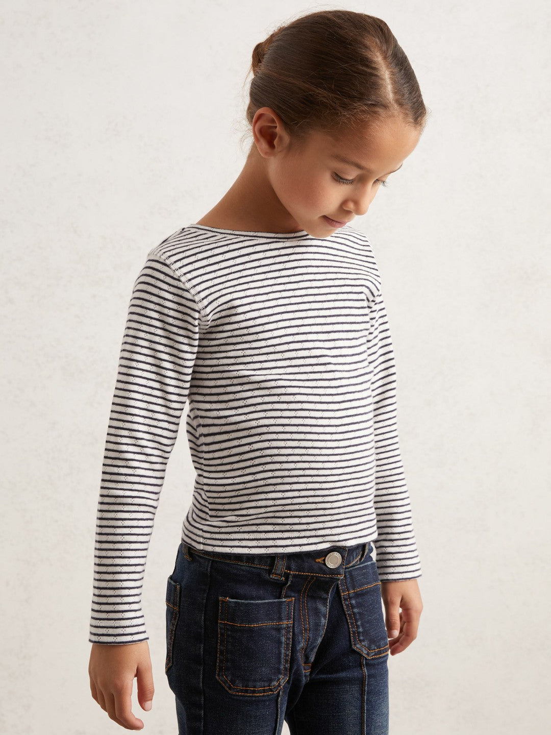 Children & Baby 3-9 yrs Cotton Pointelle Long Sleeve Top in Navy/White