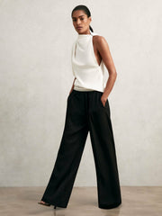 Women Petite Wide-Leg Contrast-Waistband Trousers in Black