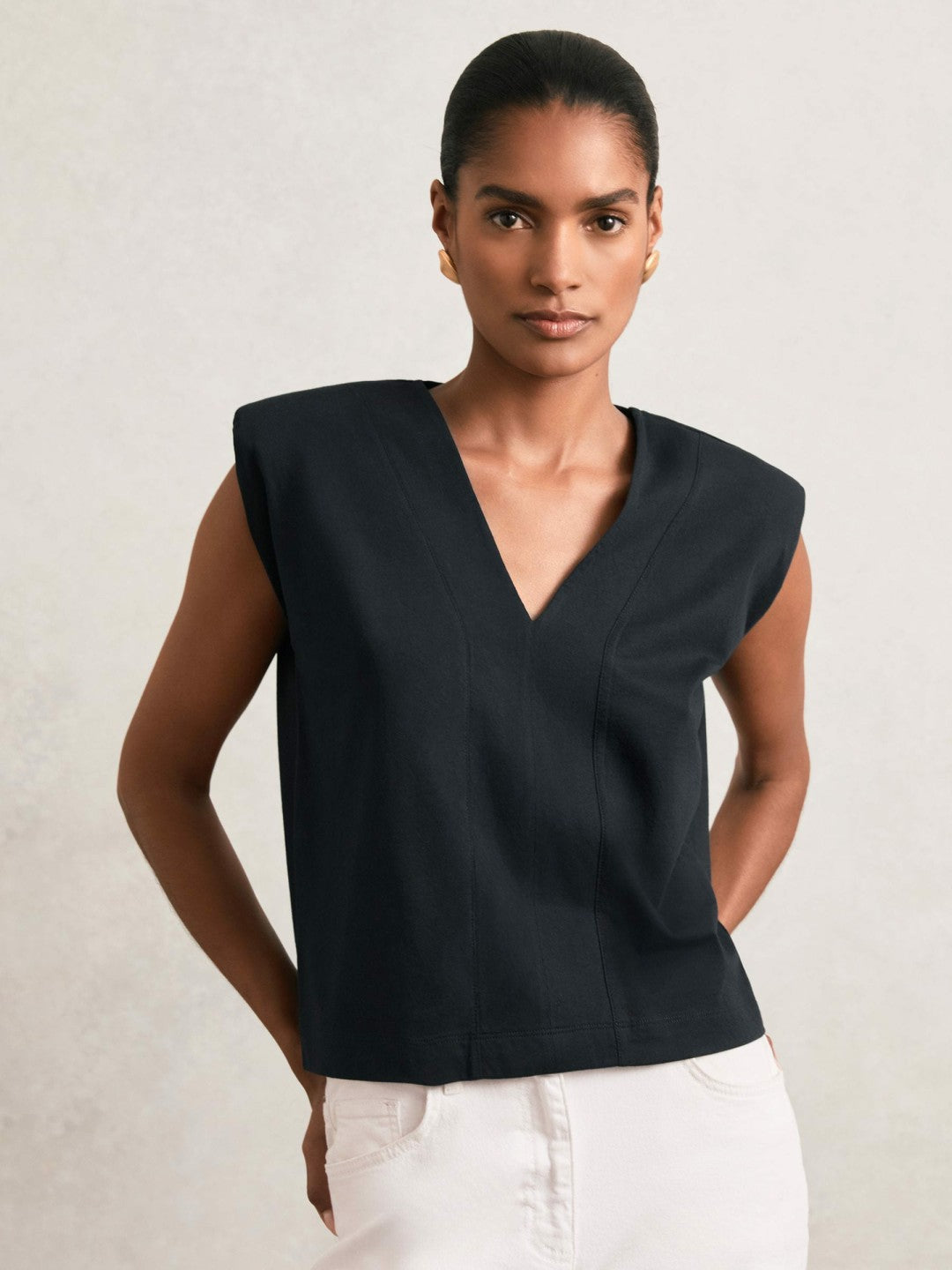 Women Cotton Shoulder-Pad V-Neck Top in Navy