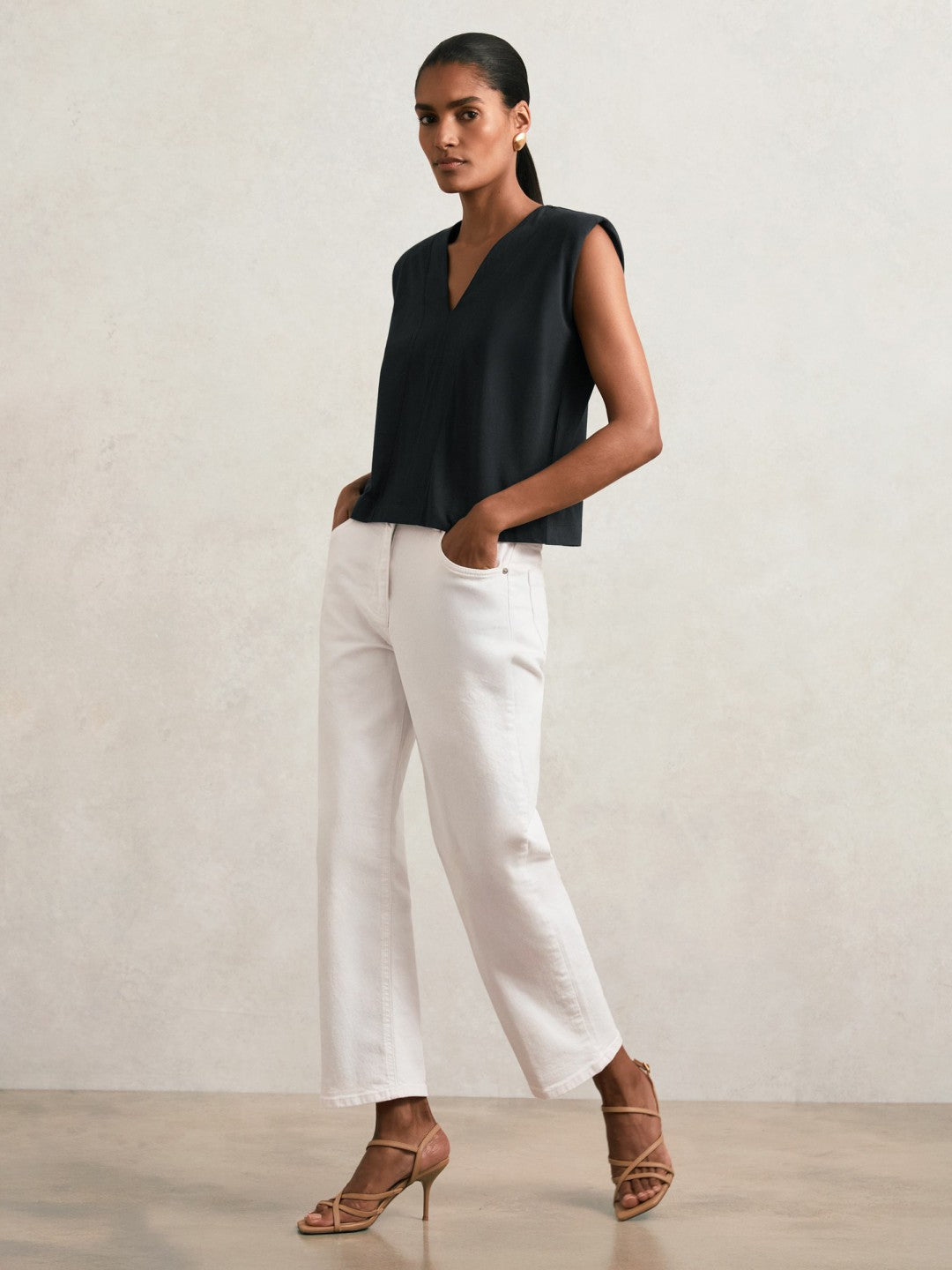Women Cotton Shoulder-Pad V-Neck Top in Navy