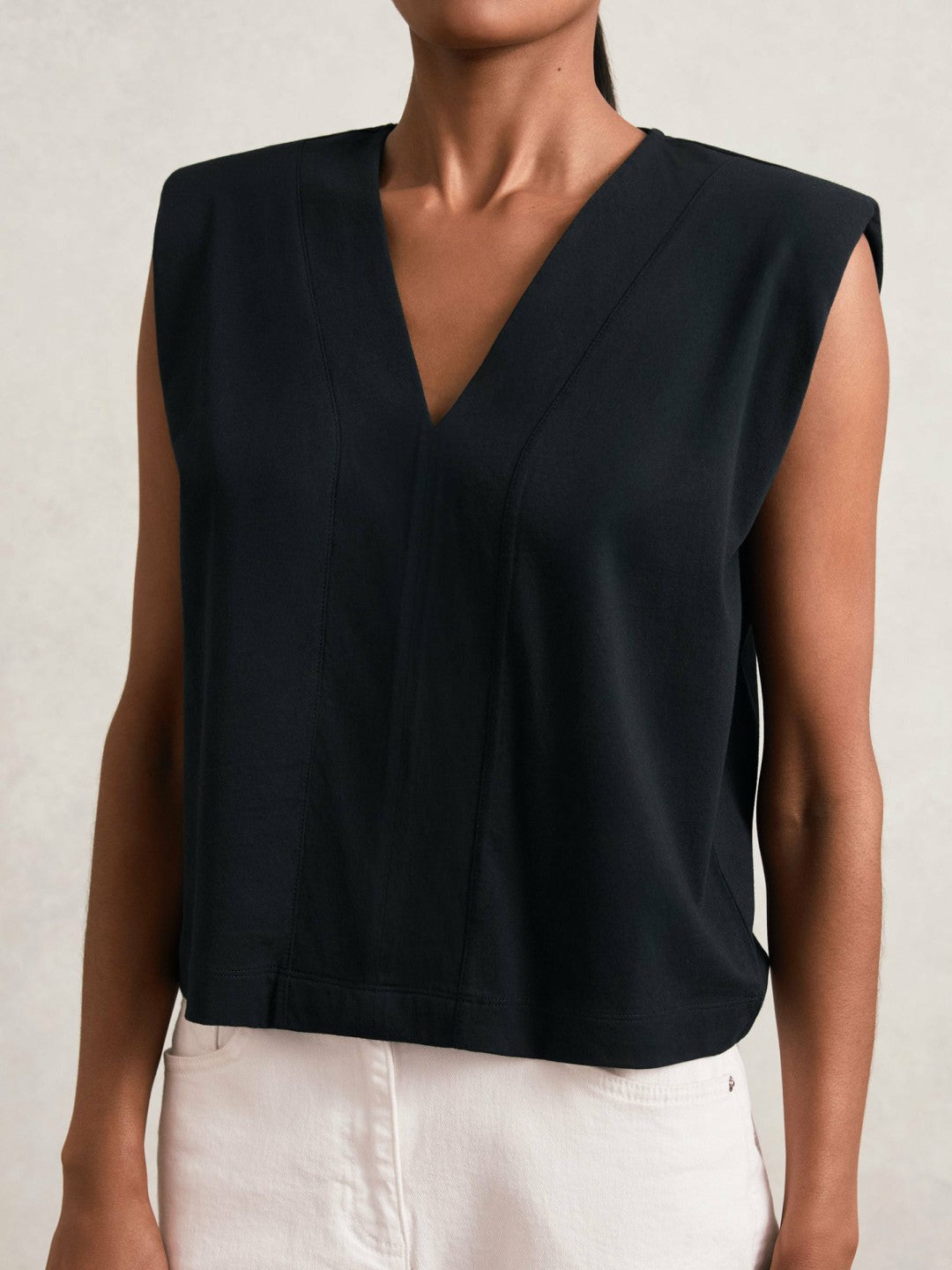 Women Cotton Shoulder-Pad V-Neck Top in Navy