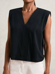 Women Cotton Shoulder-Pad V-Neck Top in Navy