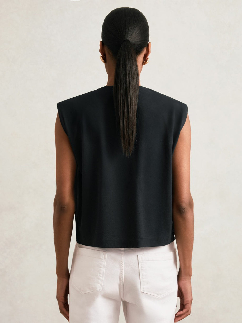 Women Cotton Shoulder-Pad V-Neck Top in Navy