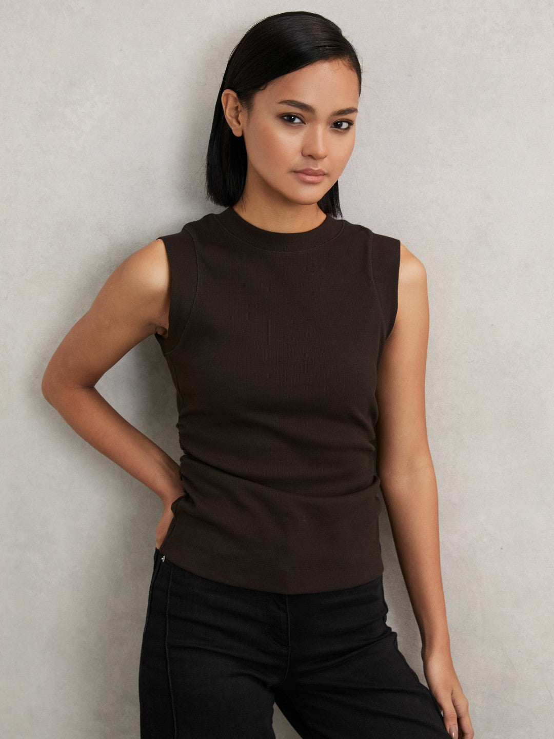 Women Ribbed Ruched Waist Vest in Chocolate