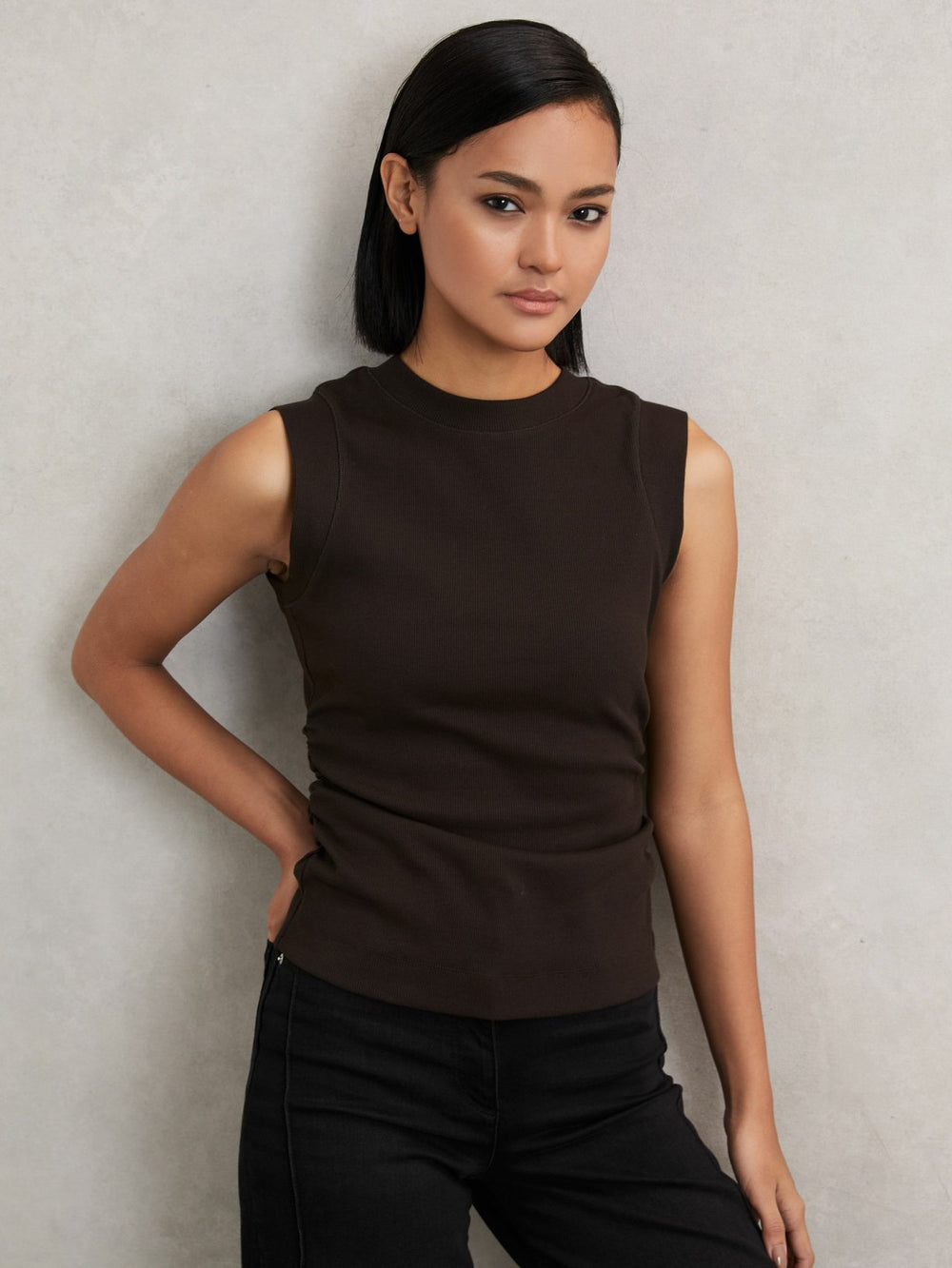 Women Ribbed Ruched Waist Vest in Chocolate