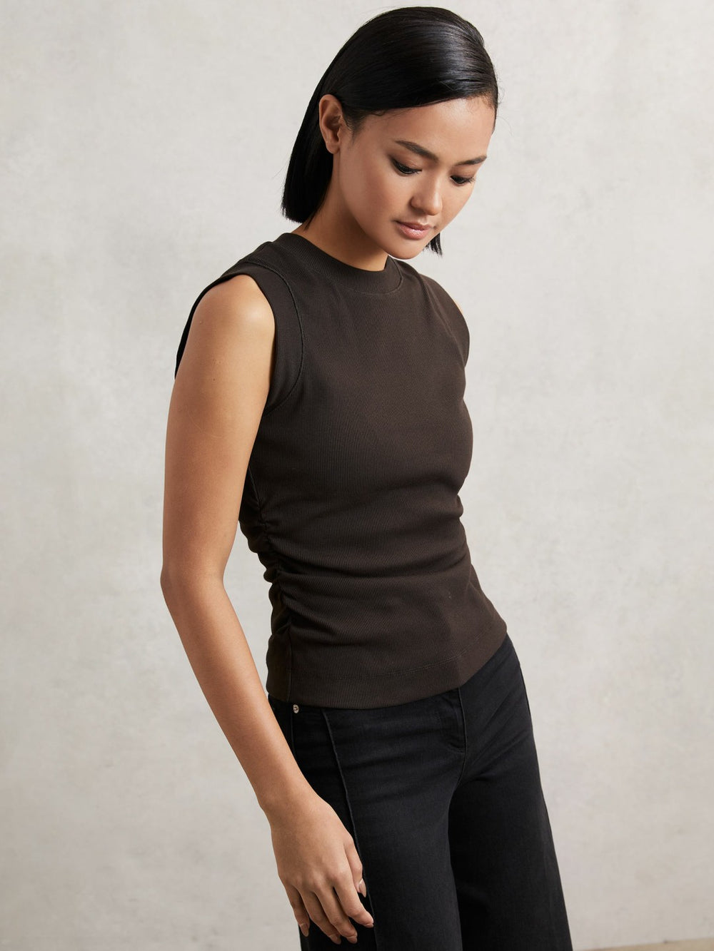 Women Ribbed Ruched Waist Vest in Chocolate