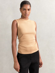 Women Fine-Rib Ruched Vest Top in Camel