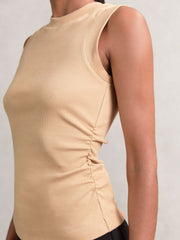 Women Fine-Rib Ruched Vest Top in Camel