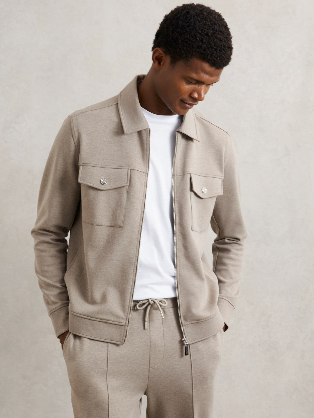 Men Interlock Jersey Zip-Through Jacket in Taupe Brown