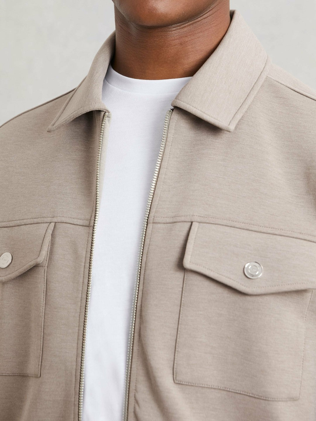Men Interlock Jersey Zip-Through Jacket in Taupe Brown