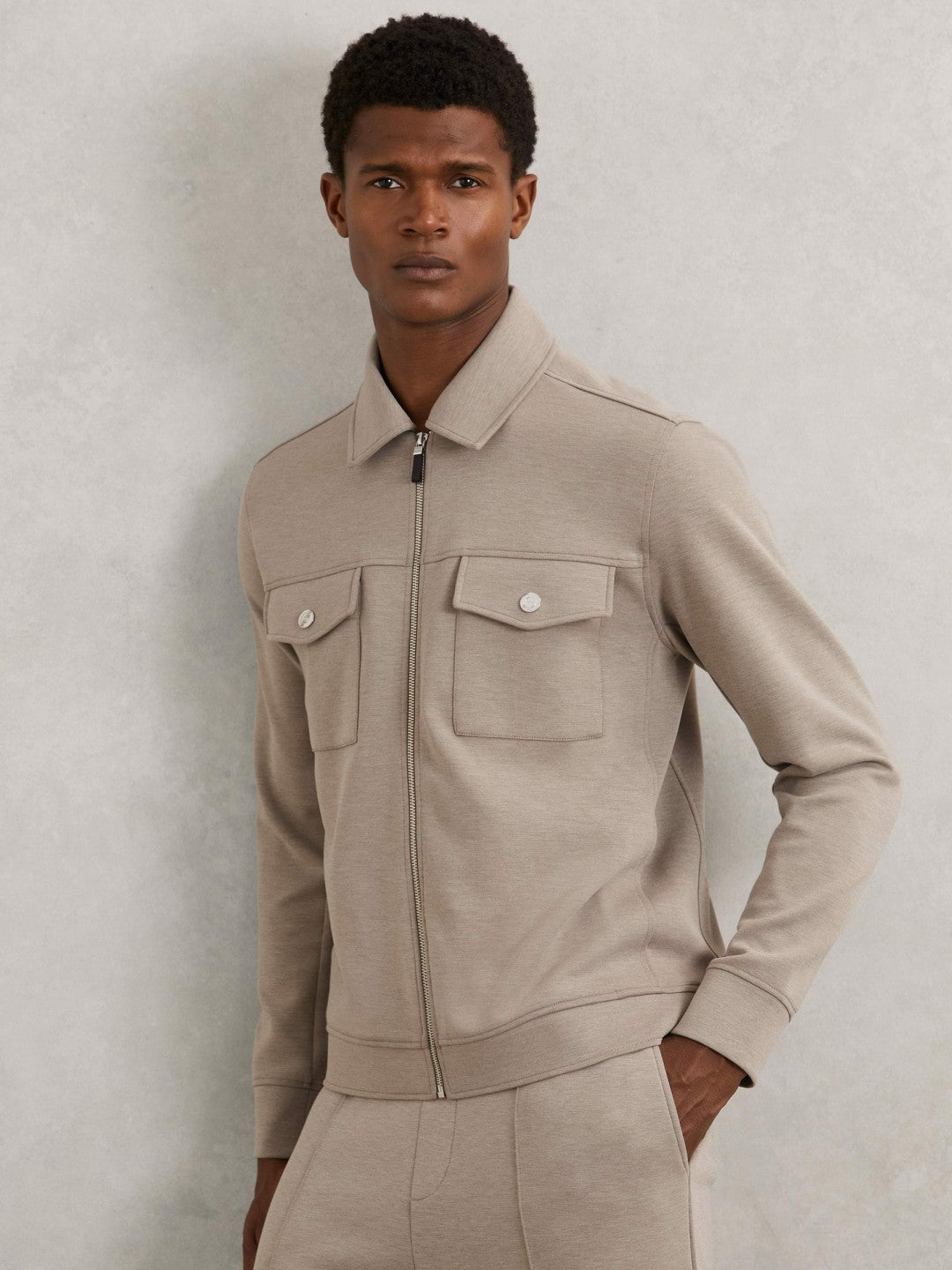 Men Interlock Jersey Zip-Through Jacket in Taupe Brown