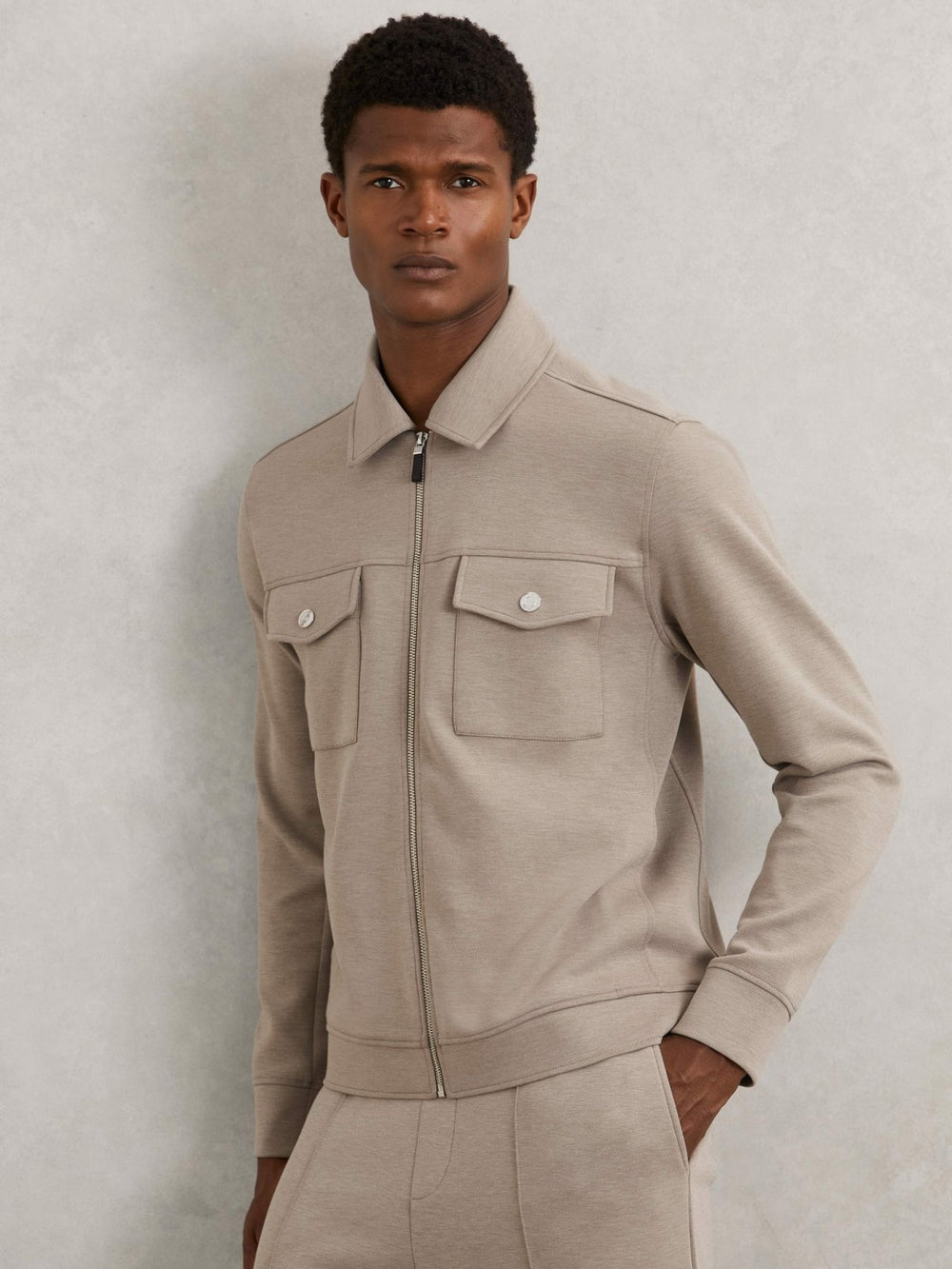 Men Interlock Jersey Zip-Through Jacket in Taupe Brown