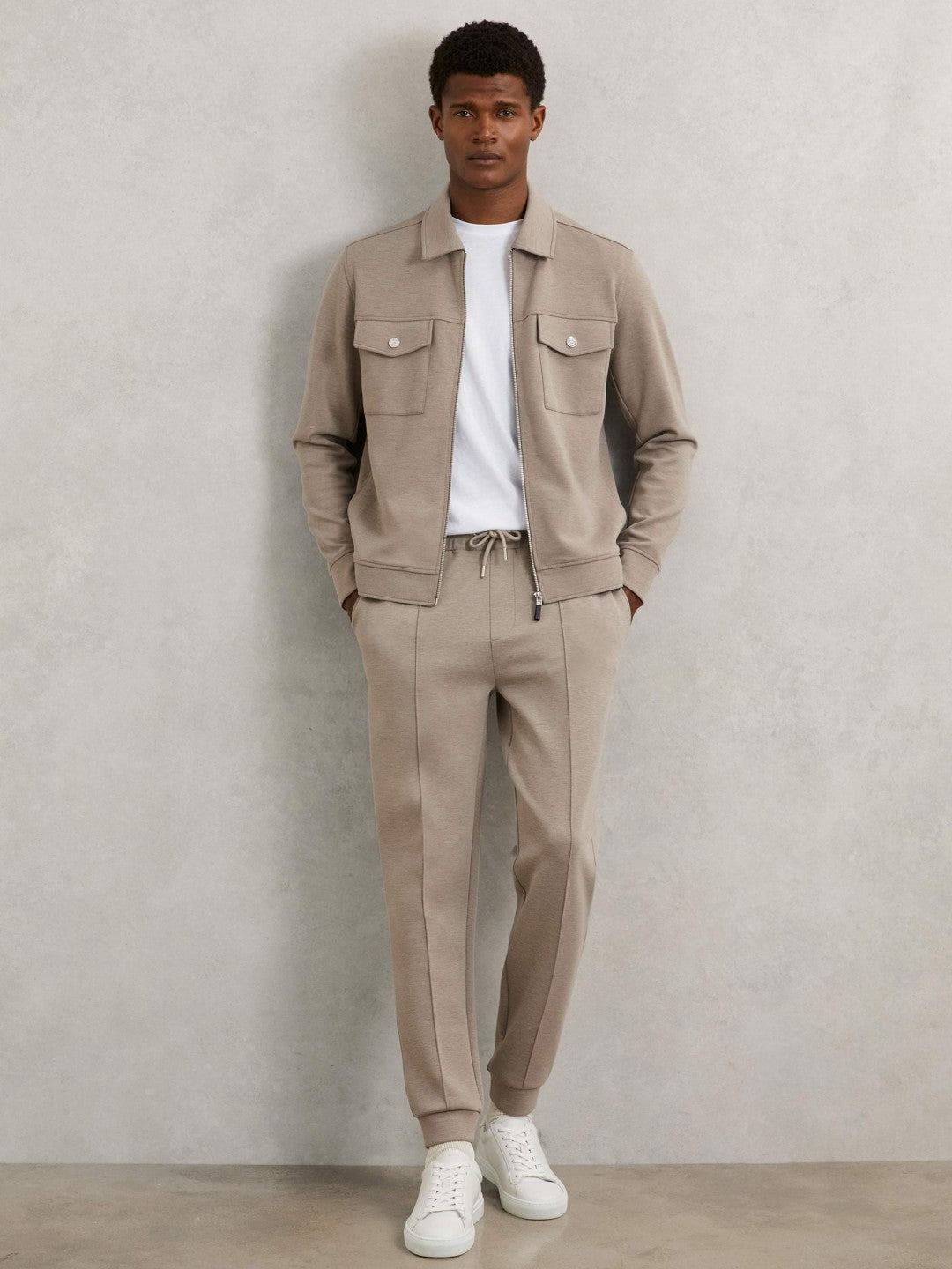 Men Interlock Jersey Zip-Through Jacket in Taupe Brown