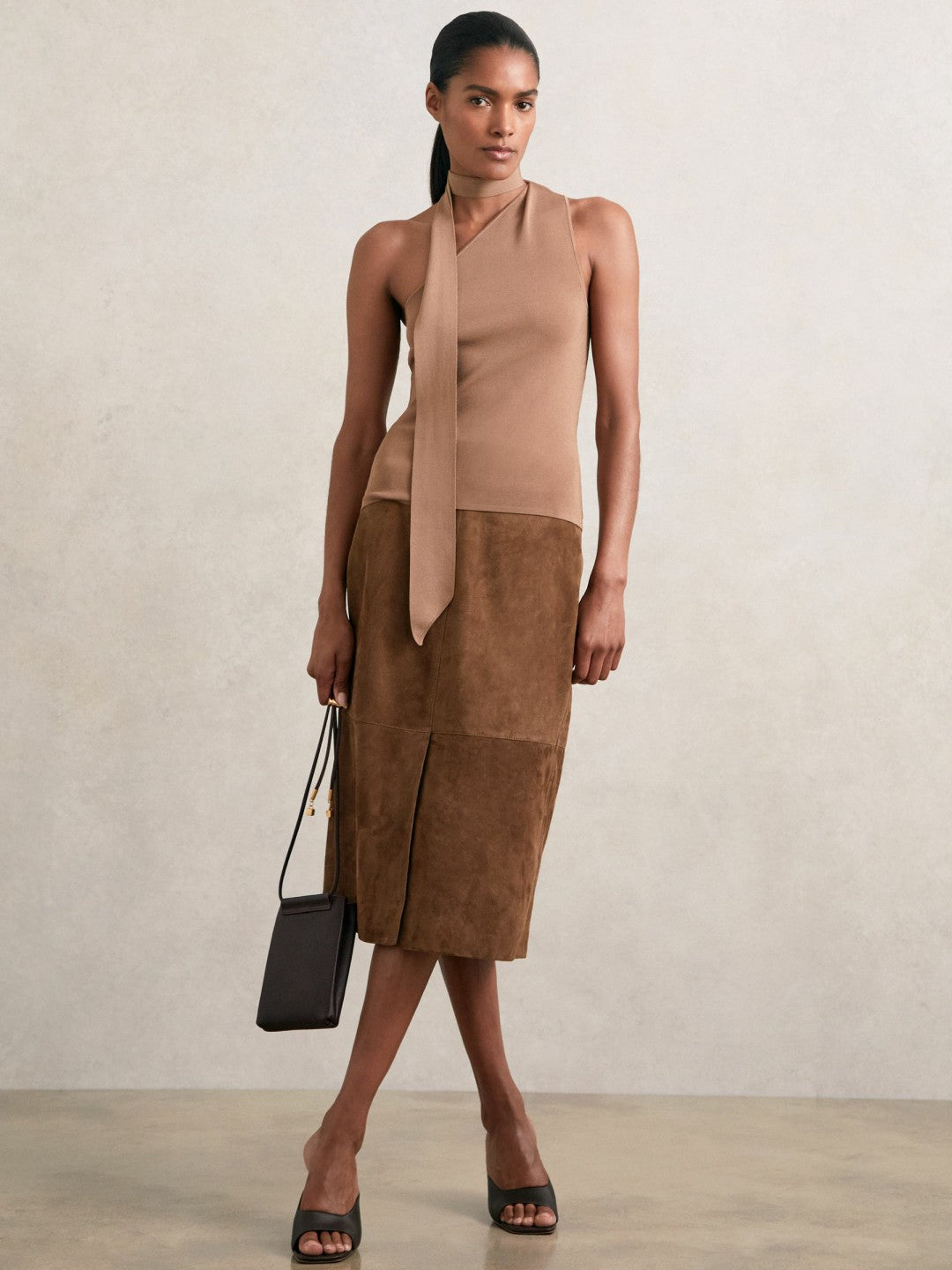 Women Suede Straight-Fit Midi Skirt in Tan Brown