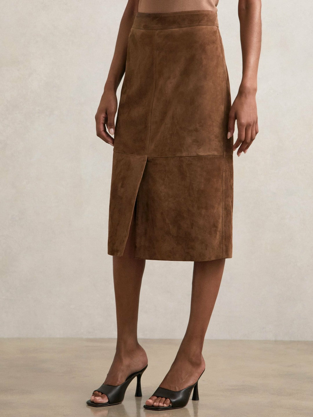 Women Suede Straight-Fit Midi Skirt in Tan Brown