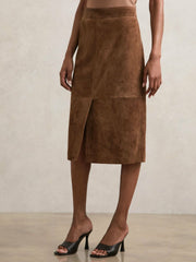 Women Suede Straight-Fit Midi Skirt in Tan Brown