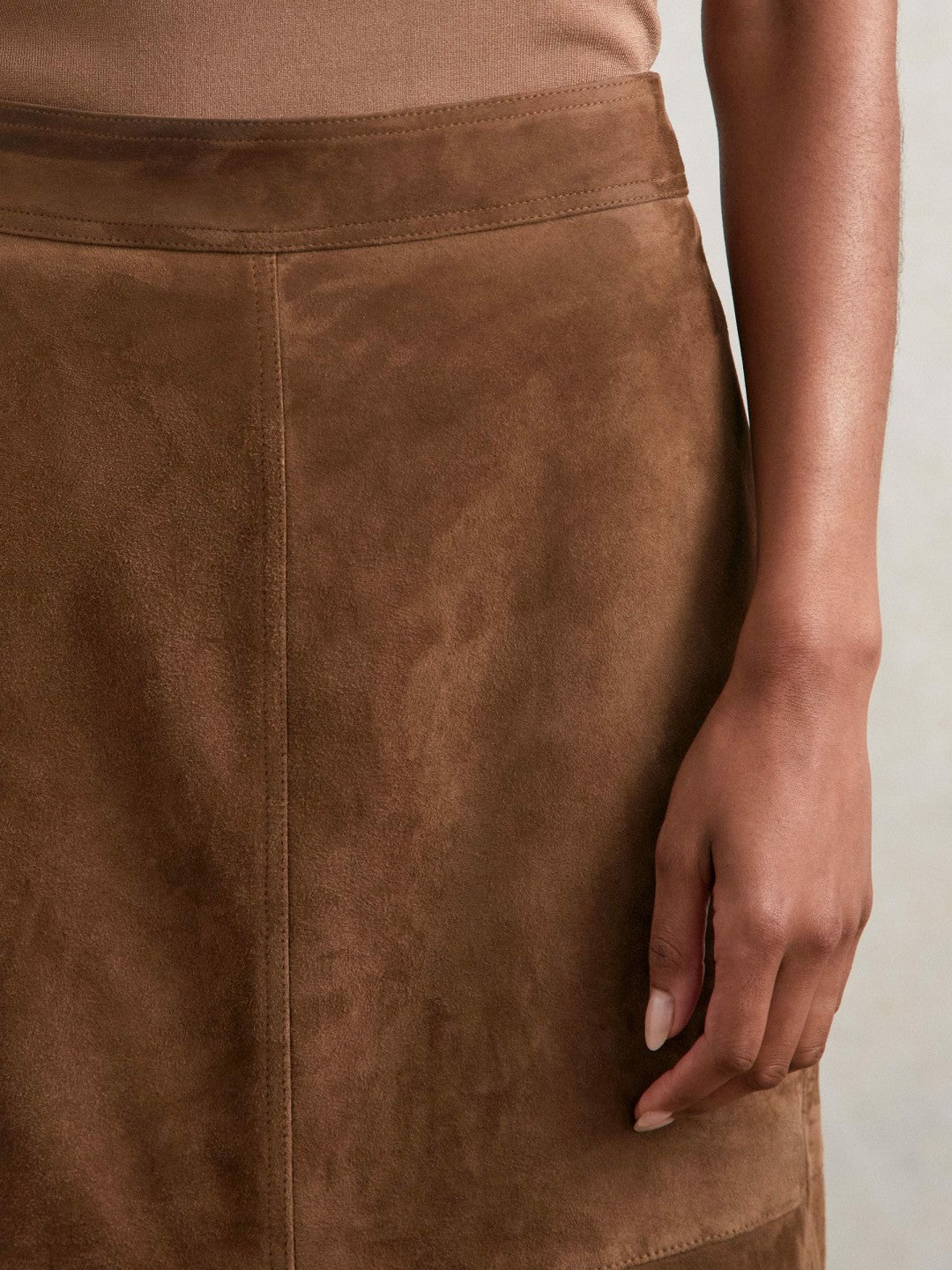 Women Suede Straight-Fit Midi Skirt in Tan Brown