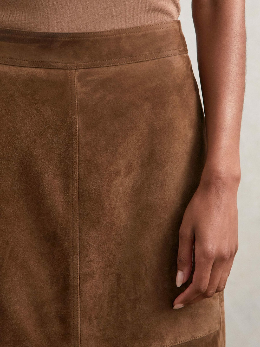Women Suede Straight-Fit Midi Skirt in Tan Brown