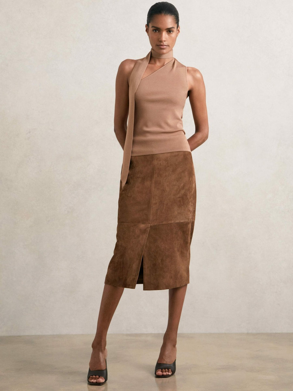 Women Suede Straight-Fit Midi Skirt in Tan Brown