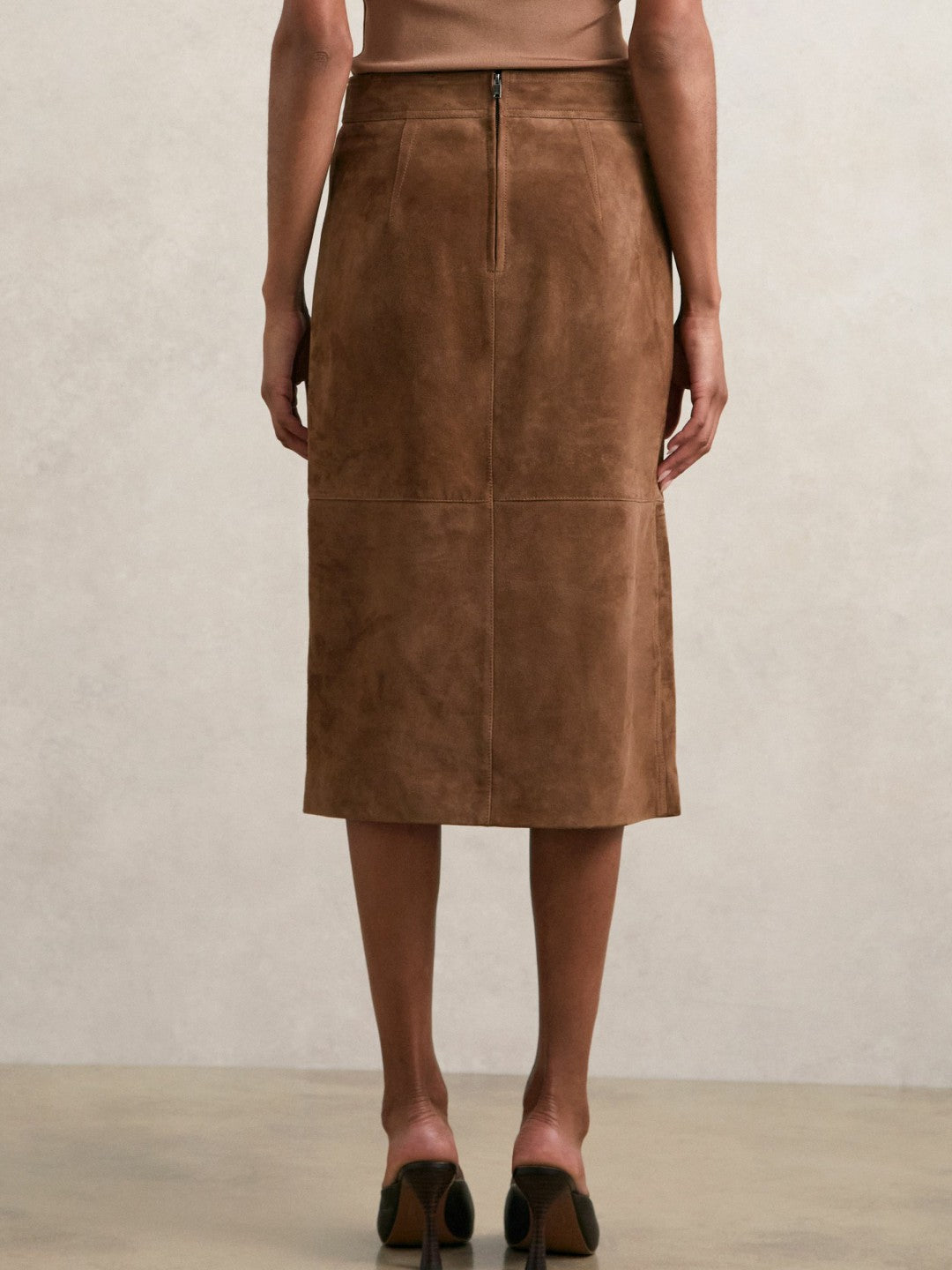 Women Suede Straight-Fit Midi Skirt in Tan Brown