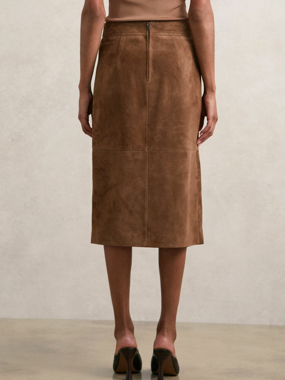 Women Suede Straight-Fit Midi Skirt in Tan Brown