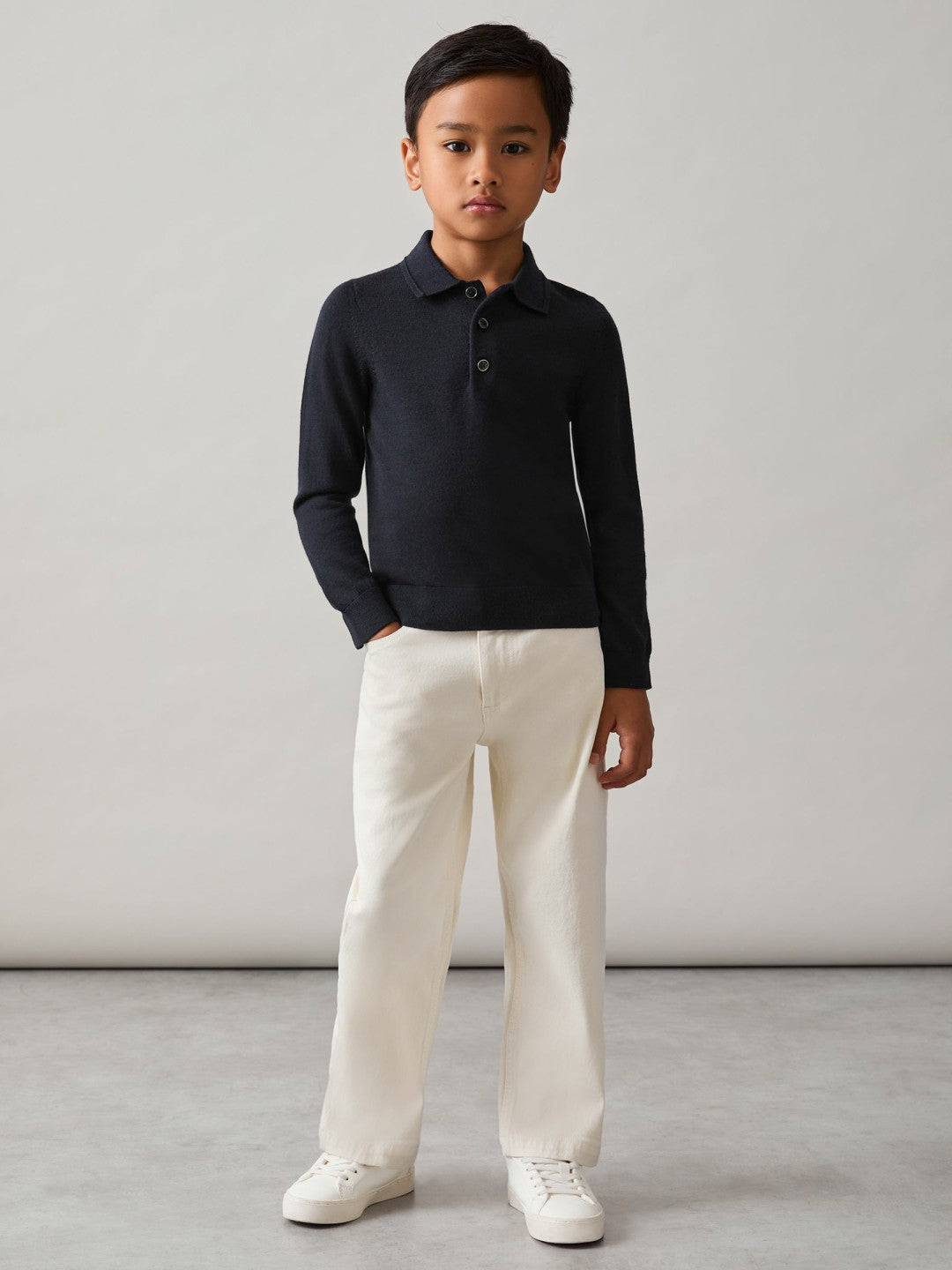 Children & Baby 4-9 yrs Merino Wool Long-Sleeve Polo Shirt in Navy
