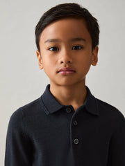 Children & Baby 4-9 yrs Merino Wool Long-Sleeve Polo Shirt in Navy