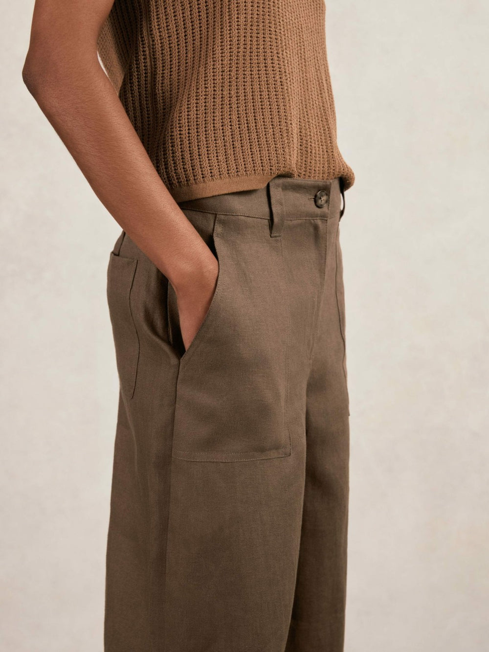 Women Petite Linen Wide Leg Trousers in Chocolate Brown