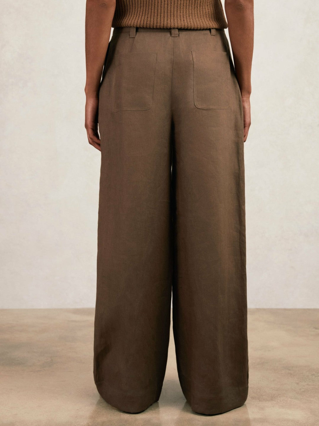 Women Petite Linen Wide Leg Trousers in Chocolate Brown