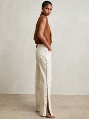 Women Petite Side Button Wide Leg Jeans in Cream