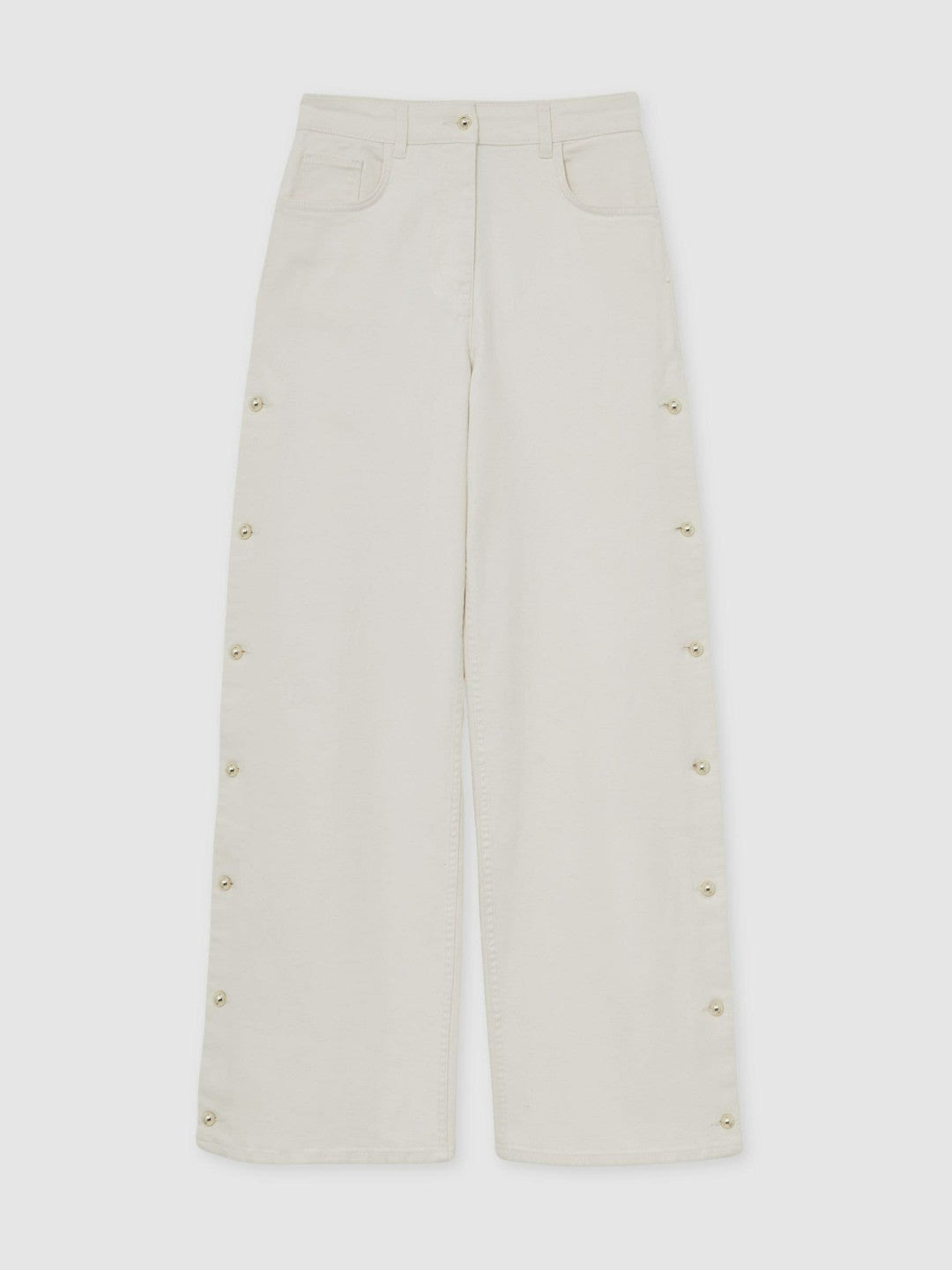 Women Petite Side Button Wide Leg Jeans in Cream