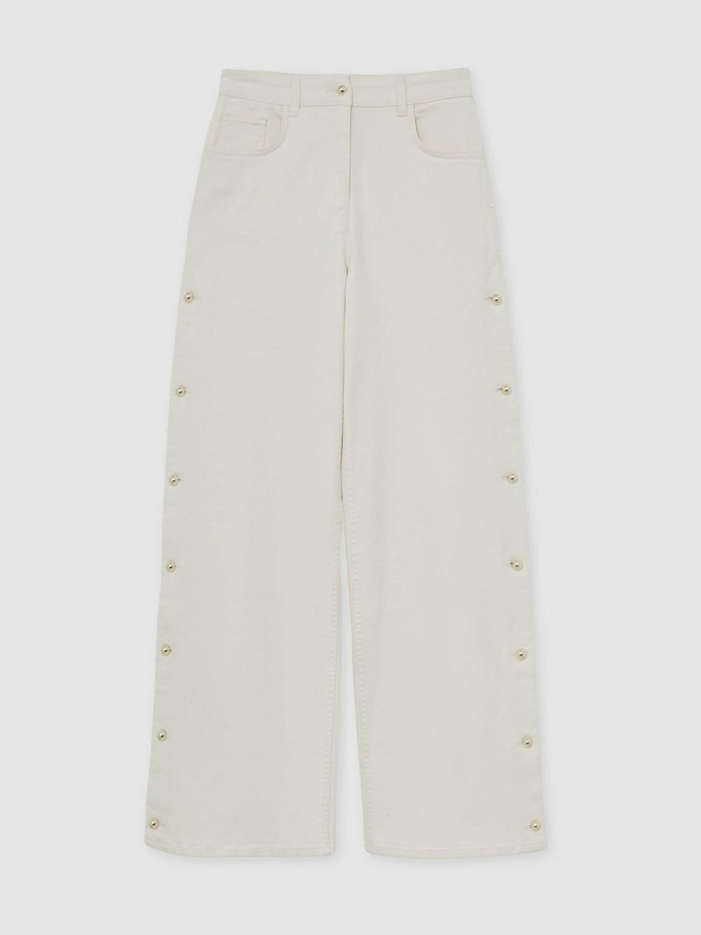 Women Petite Side Button Wide Leg Jeans in Cream