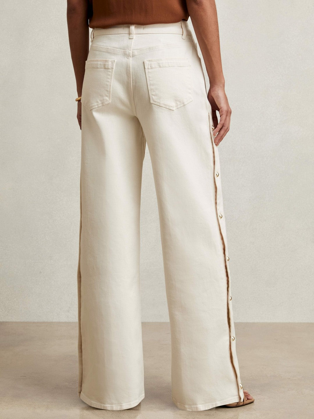 Women Petite Side Button Wide Leg Jeans in Cream