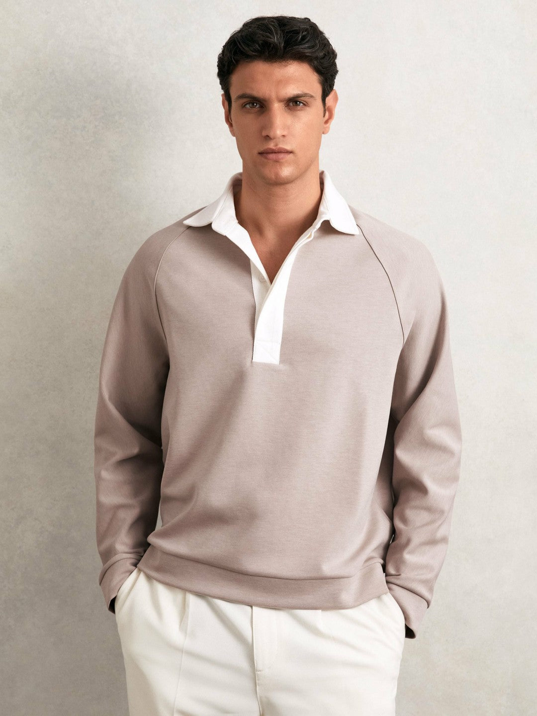Men Colour Block Rugby Shirt in Oatmeal/White