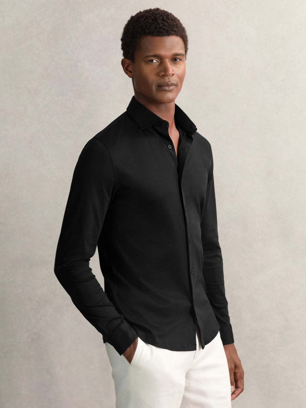 Men Cotton-Jersey Button-Through Shirt in Black