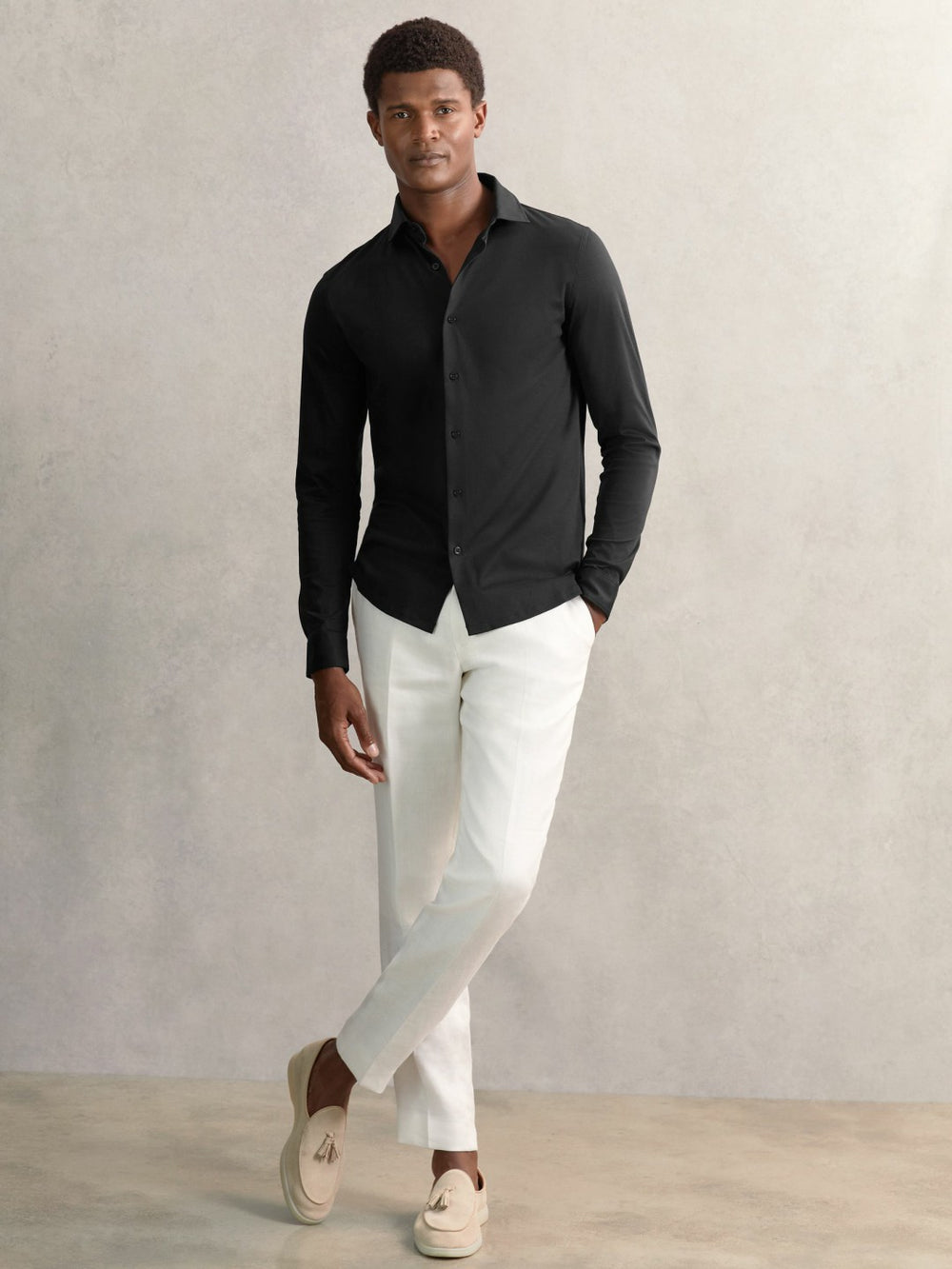 Men Cotton-Jersey Button-Through Shirt in Black