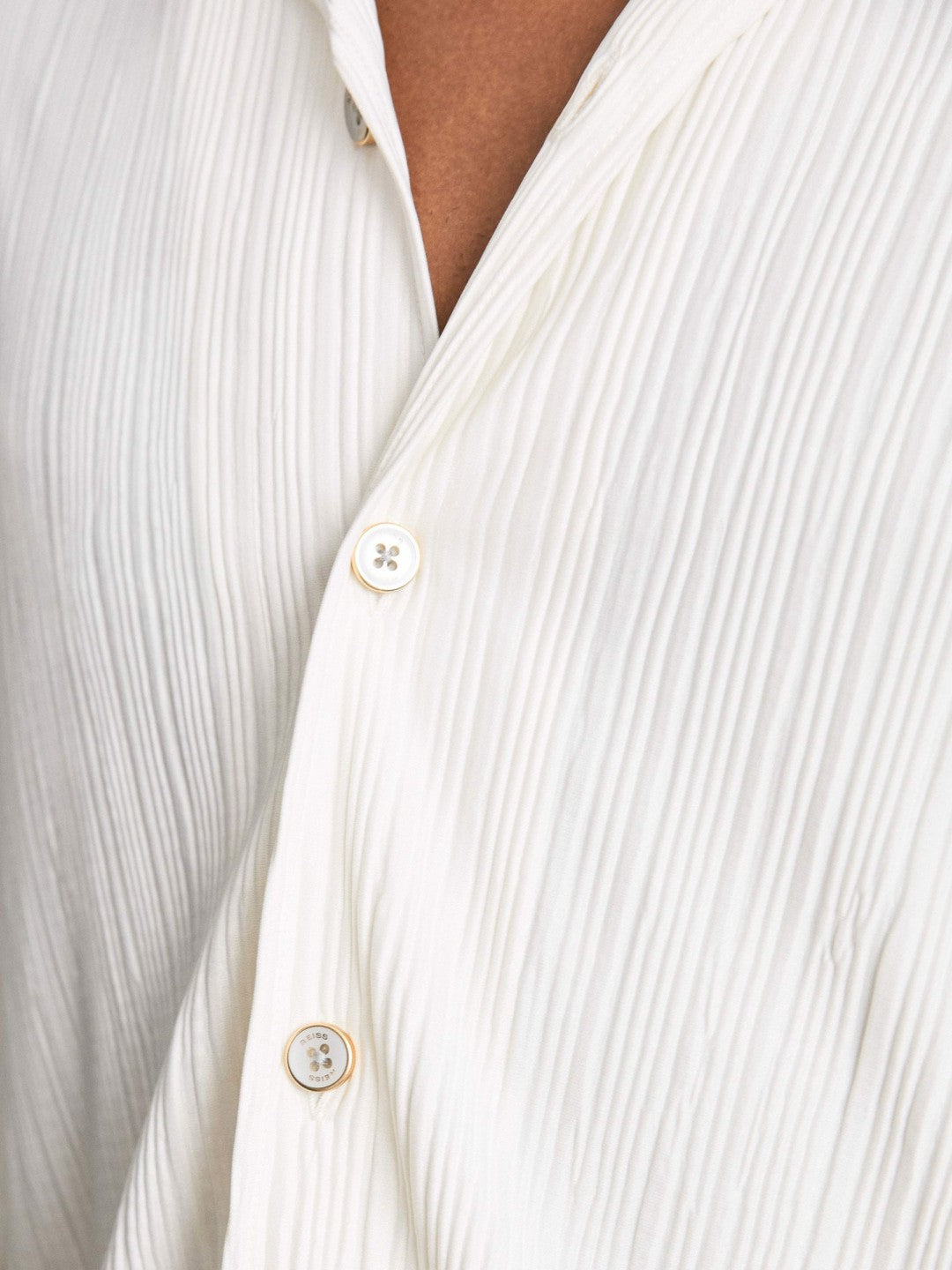 Men Plissé Cuban-Collar Long-Sleeve Shirt in Off White